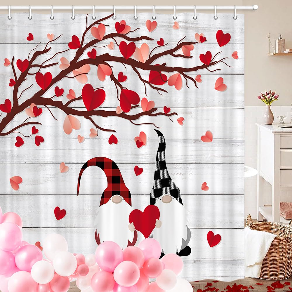 JAWO Valentine Shower Curtain, Romantic Valentines Watercolor Falling Red Heart Shower Curtain, Red Hearts Cute Gnomes Bathroom Accessories Set with Hooks, 72x72 Inch