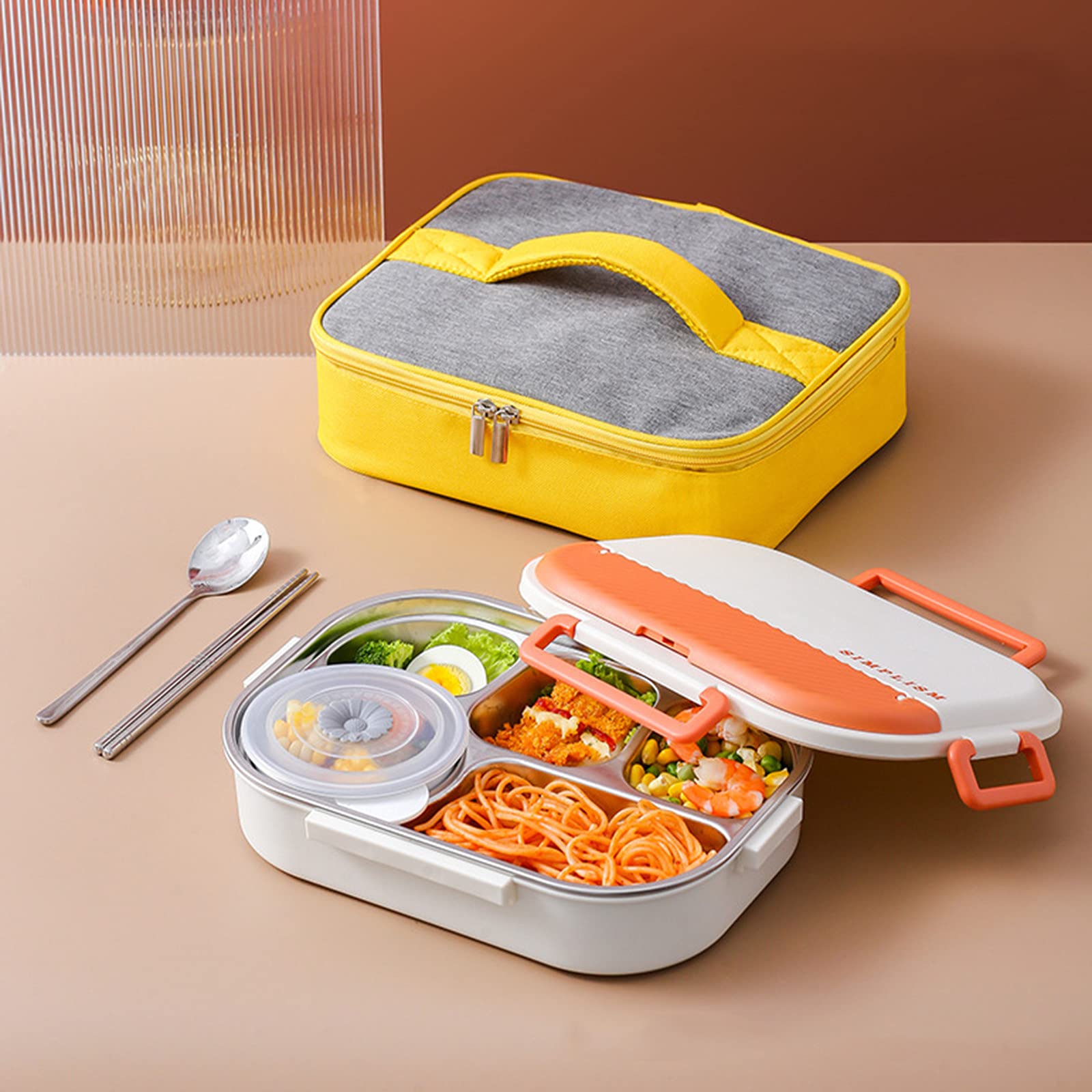 Boîte à lunch isolée en acier inoxydable, boîte à lunch à compartiments en acier inoxydable 304, chauffe-plats portable, détachable, convient aux étudiants/travail/camion/famille,Orange-B