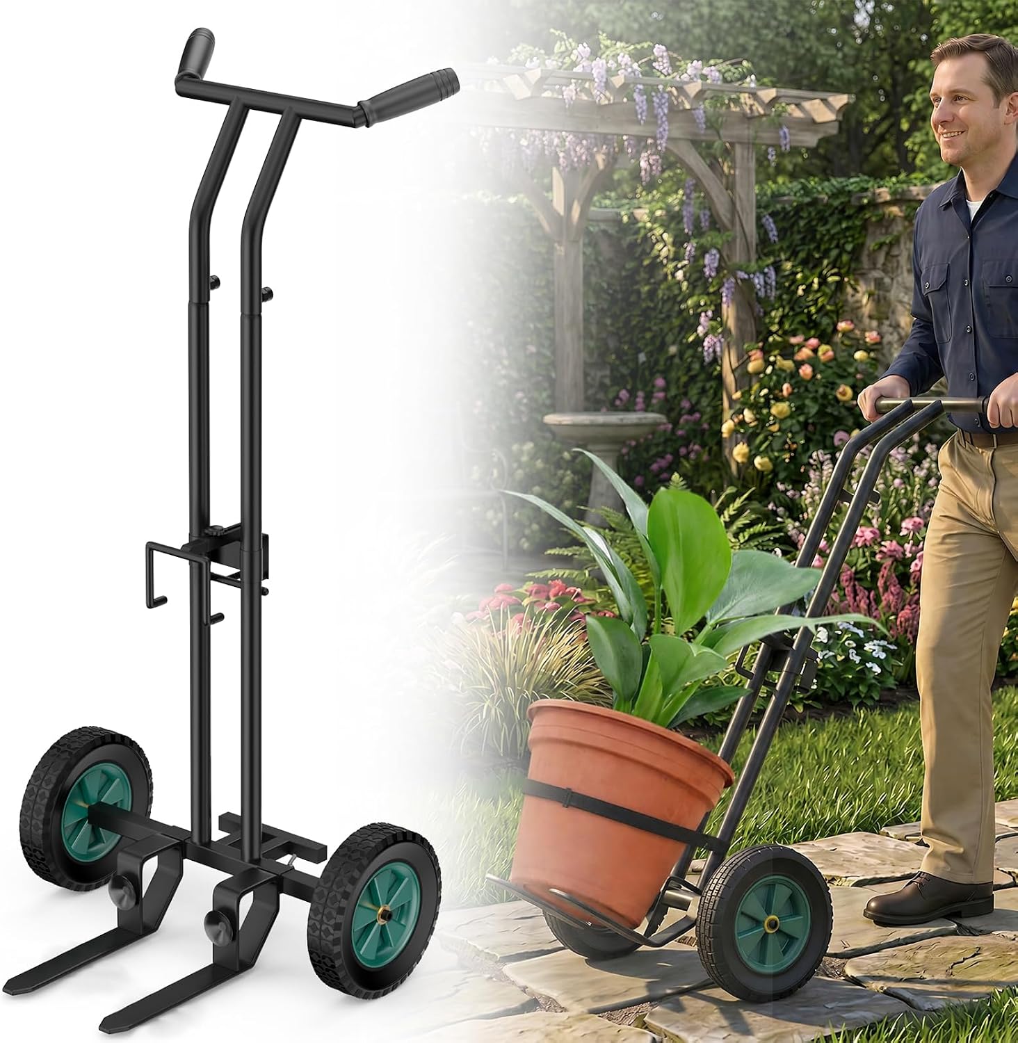Upgraded Base Fork Plant Caddy with Wheels, Adjustable Grip Arm Plant Mover with Suction Cups, Heavy Duty Plant Dolly for Indoor Outdoor Pots