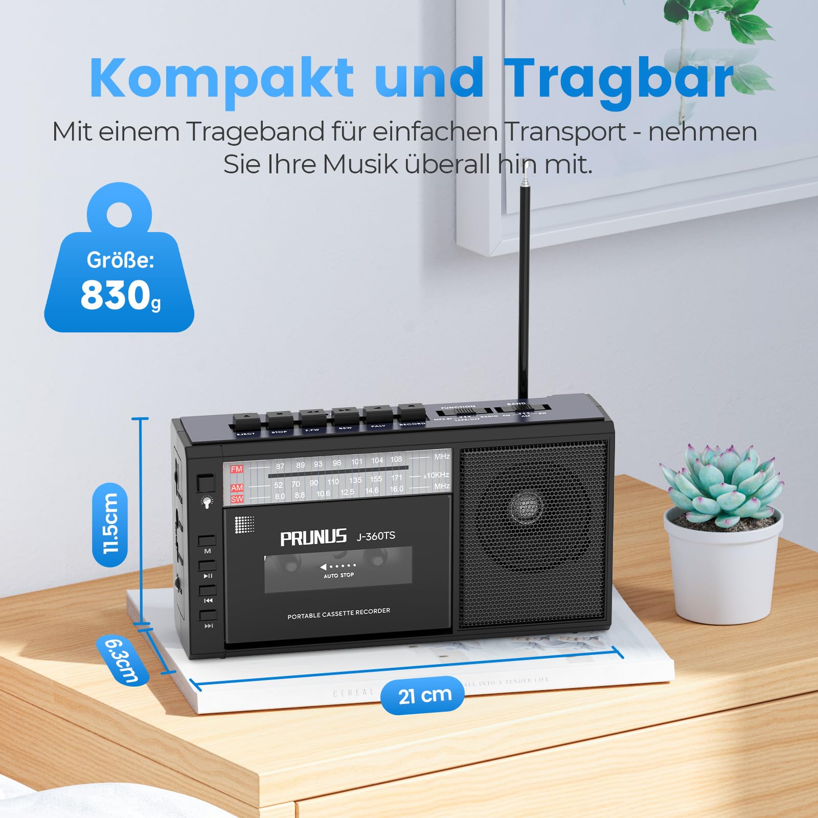 PRUNUS J-360 Tragbare Kassettenspieler mit Bluetooth, AM/FM Kassettenradio mit Akku & Solarpanel, Kleines Radio kassettenrekorder mit Kopfhöreranschluss, TF/USB-Laufwerk.