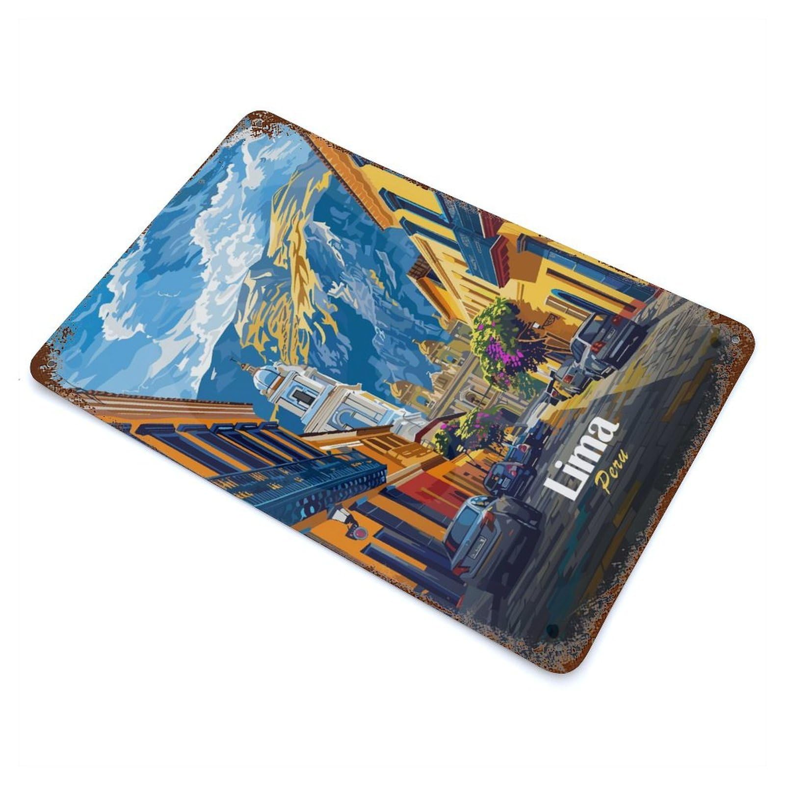 Lima, Peru Cityscape Illustration Rust Effect Tin Sign 11.8"x7.9", Old School Wall Decor for Farmhouse, Kitchen And Entryway Decor