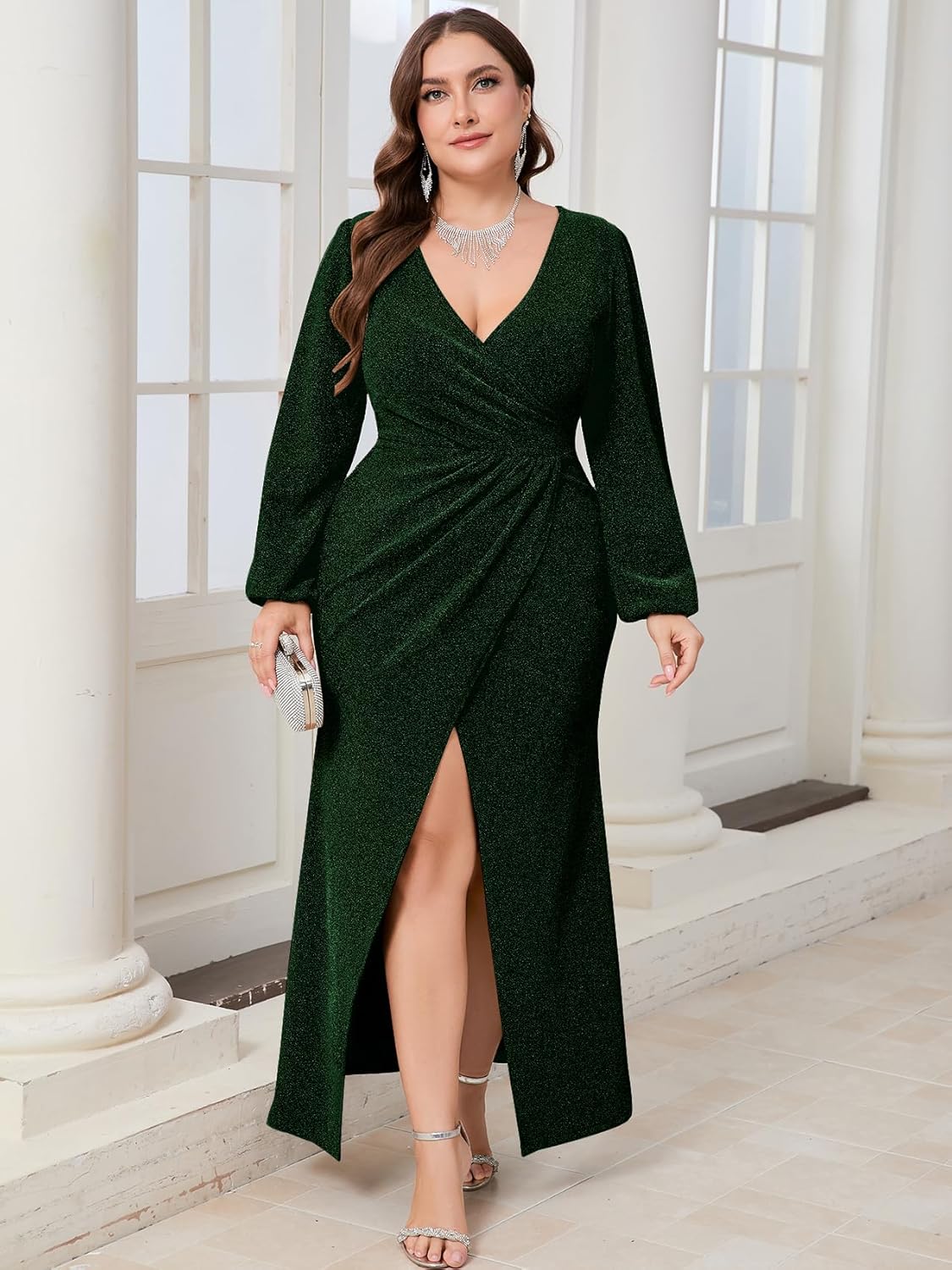 CYCLAMEN Plus Size Formal Maxi Dress Sparkly Ruched Puff Sleeve V Neck Slit Cocktail Wedding Guest Prom Evening Gown - Image 2
