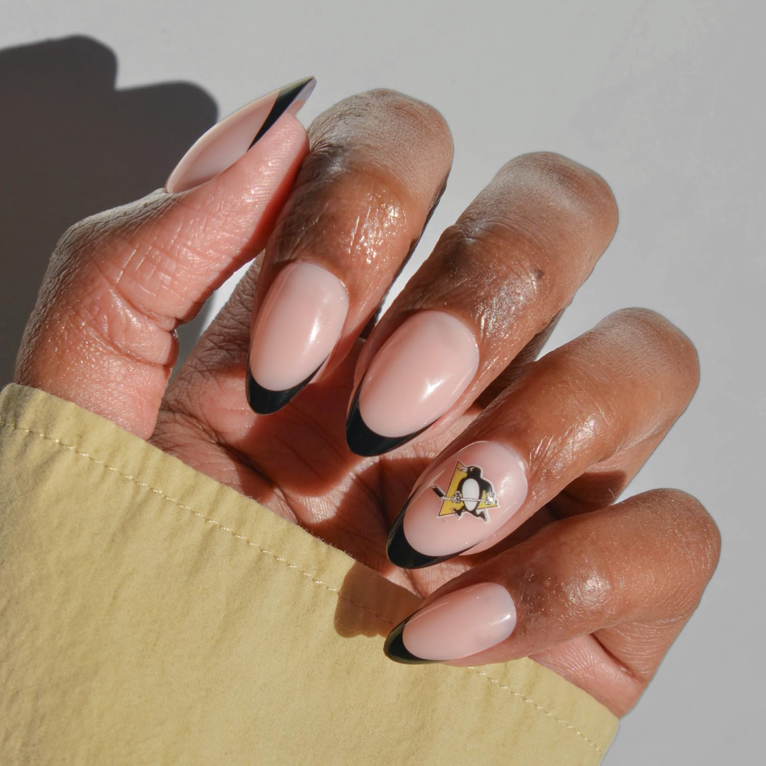 Glamnetic x Fanatics Press On Nails - Pittsburgh Penguins | Short Almond Fake Nails, NHL Penguins Black French Tips, Hockey Nails, Salon-Quality | 15 Sizes - 30 Nail Kit with Glue