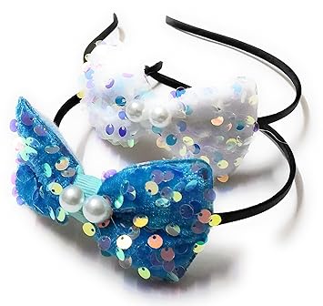 Moms Darling Hair Accessories, Furry Bow with Sequins Attached to Plastic Hairband Headband for Baby Girl/Girls/Women. Pack of 2 piece. Color-WHITE & BLUE
