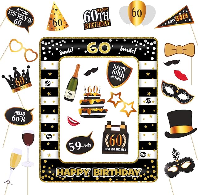 27pcs 60th Birthday Decorations Inflatable Selfie Photo Frame Booth Props Thirty Birthday Party Decoration Party Supplies Theme Party Kit Gift for Women Men Black and Gold (60th)