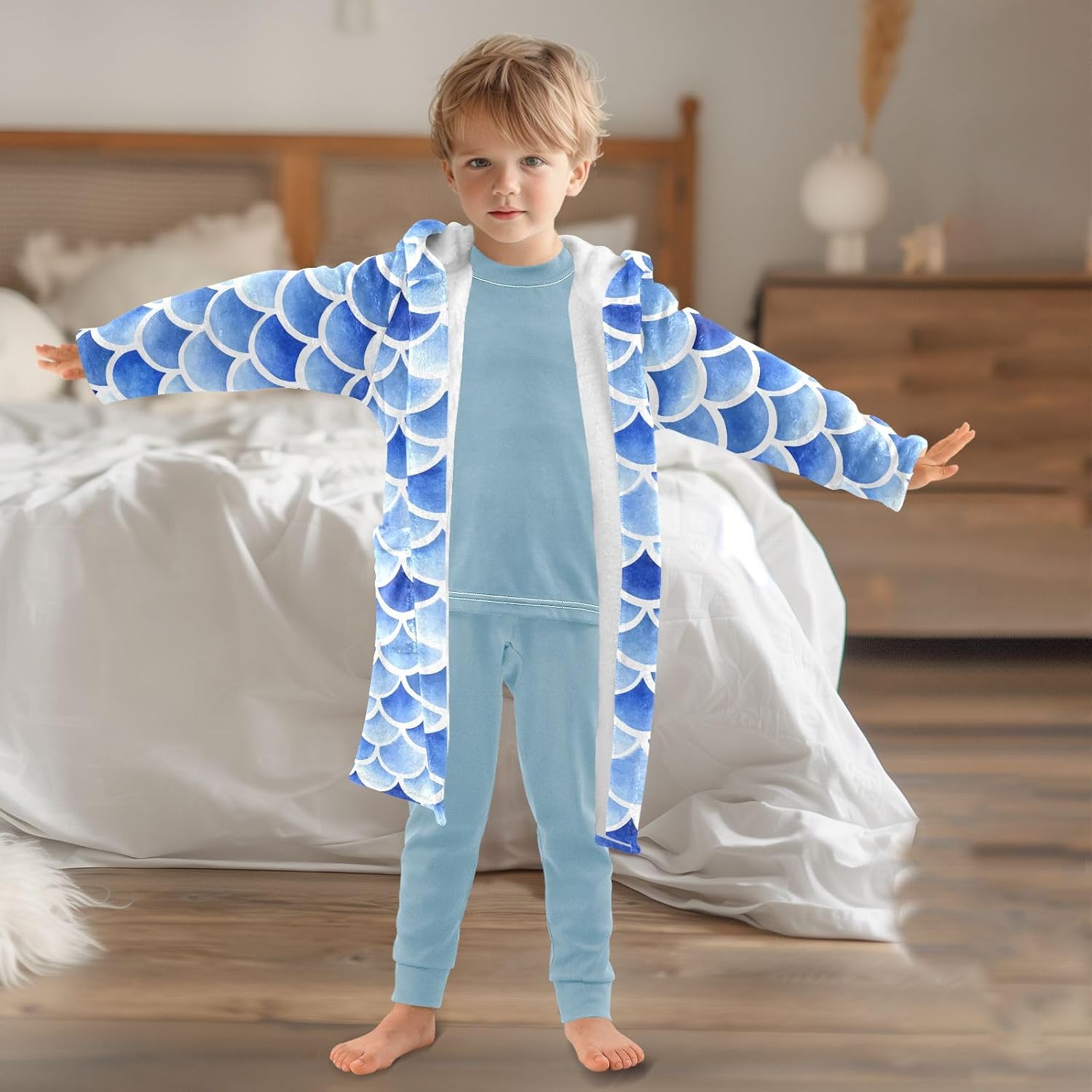 Cartoon Blue Watercolor Scales Toddler Hooded Bathrobe for Boys Girls Soft Plush Bath Towel Robe 2-12 Years