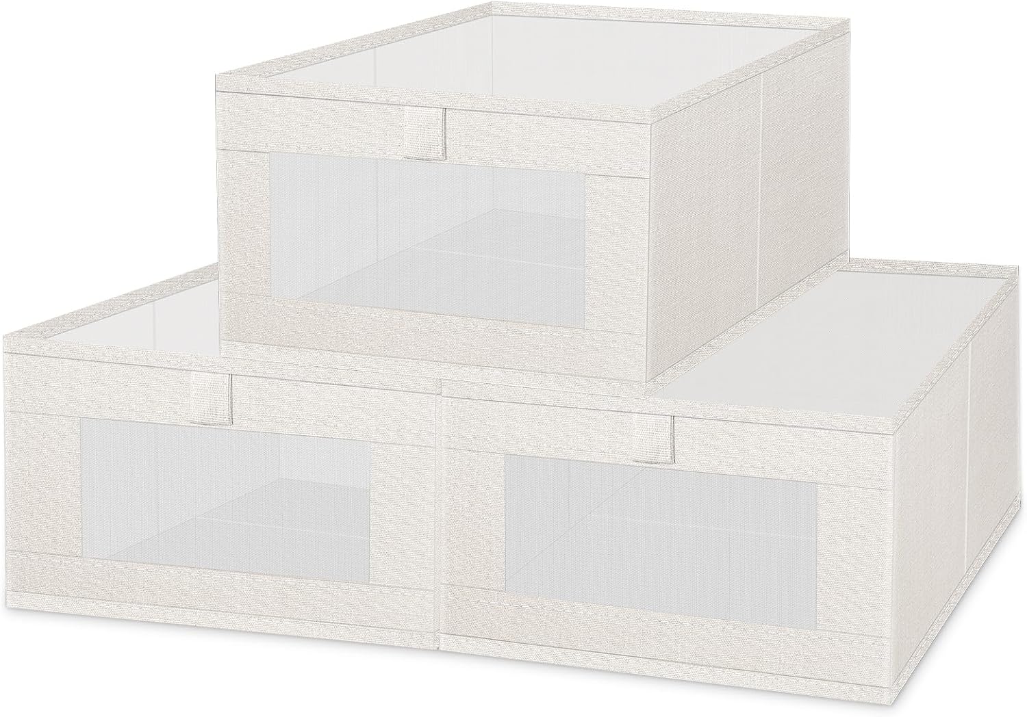 Linen Bins 3 Pack, Foldable Storage Organizer with Window, Beige