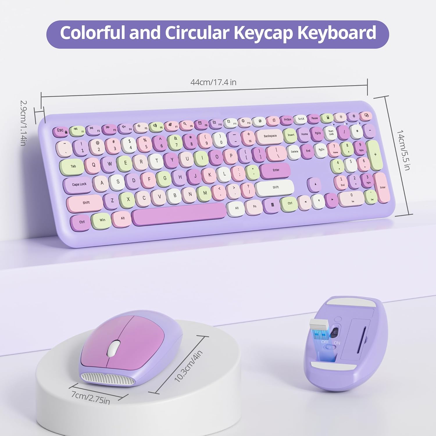 Typewriter Wireless Keyboard and Mouse Combo,2.4G Office 104 Keys Full Size Retro Punk,Cute Purple Silent with Round Keycaps for Laptop PC Desktops (Purple Mix)