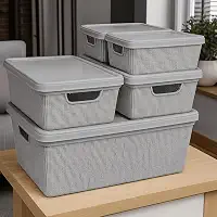 Caixa Organizadora com Tampa Kit 5 Peças Cesto Grande em Plástico 1,8 L 5 L 15 L - Rv-Ecommerce (Cinza)