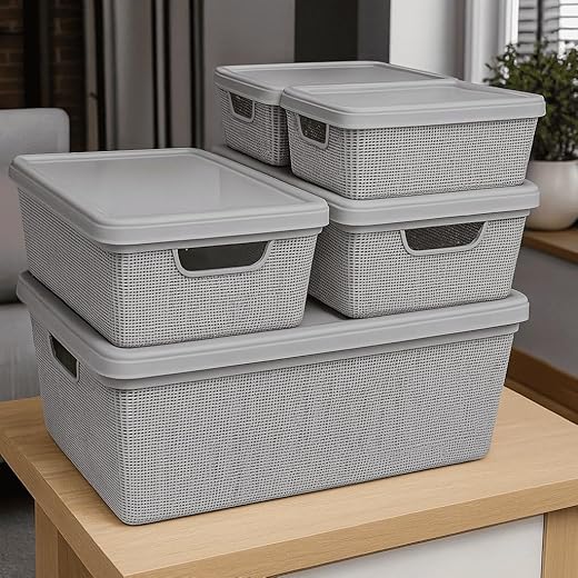 Caixa Organizadora com Tampa Kit 5 Peças Cesto Grande em Plástico 1,8 L 5 L 15 L - Rv-Ecommerce (Cinza)