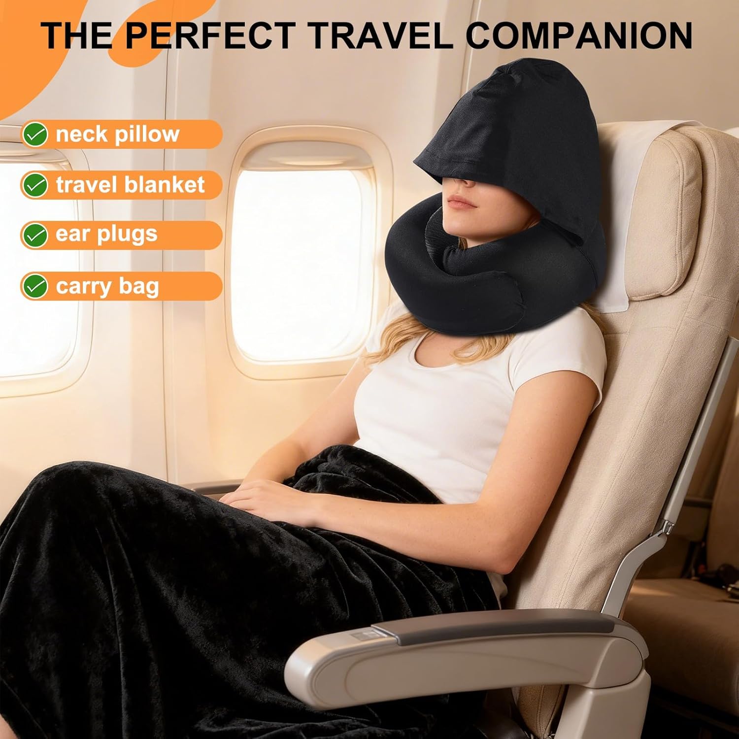 Travel Pillow Blanket Set - Hooded Neck Pillows Airplane with Portable Bag Earplugs, Memory Foam Filling, Long Flights Trip Essentials for Plane, Office, Cars Sleeping