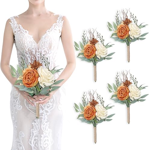 Ramos de dama de honor para boda, juego de 4 ramos de flores artificiales para decoración de otoño, boda, propuesta de matrimonio, fiesta,