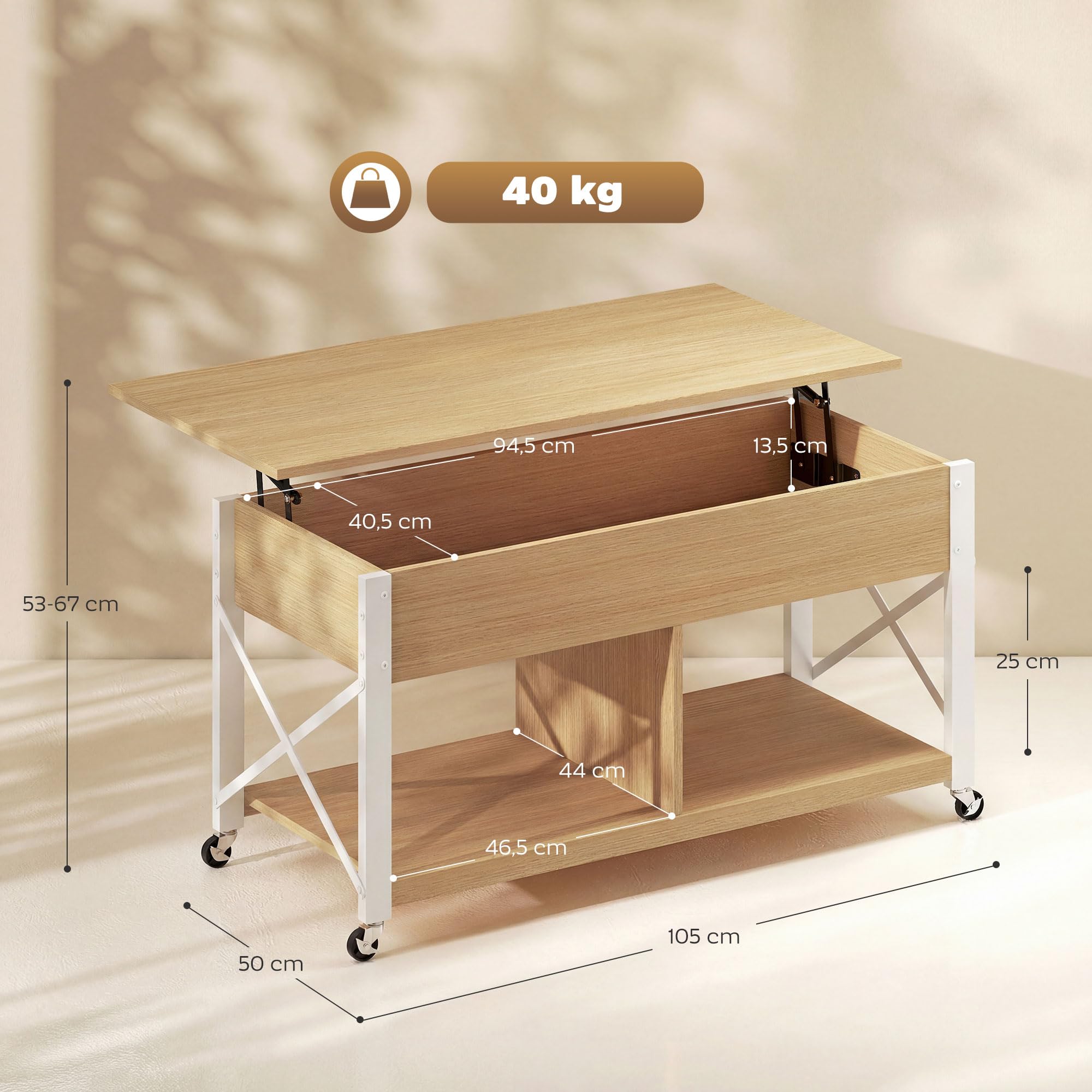 HOMCOM Mesa de Centro Elevable con Ruedas 105x50x67 cm Natural y Blanco | Mesita de Salón con Compartimento Oculto, Estantes Abiertos, Mesa de Café para Comedor, Oficina