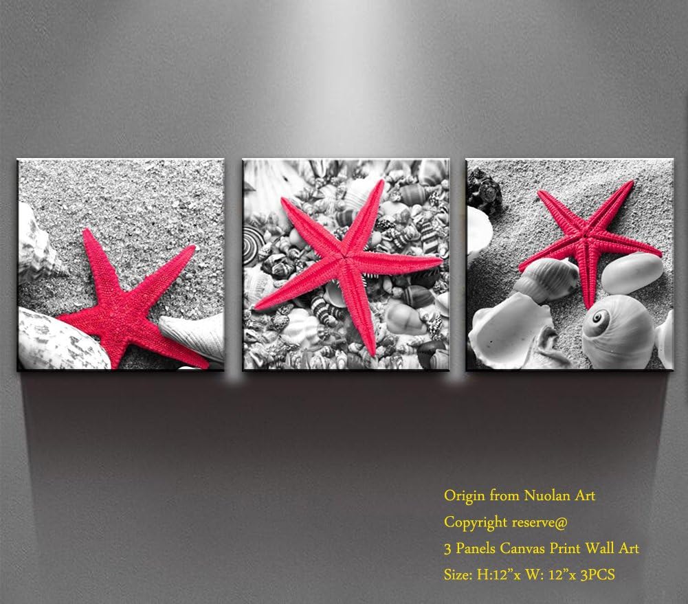 Canvas Prints Wall Art- Modern Canvas Art Giclee Print Artwork "Red Pink Sea Stars With Black White Background" for Living Room and Bedroom Wall Decor 12x12"x3 pcsset, Nuolanart -P3L3030-006