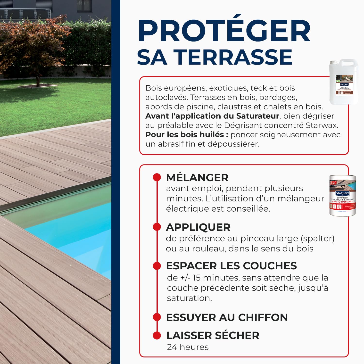 STARWAX Saturateur Bois Extérieur Incolore 5L Conditions Extrêmes UV Intempéries Eau Chlorée