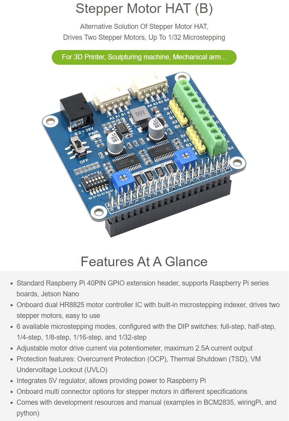 Waveshare HRB8825 Stepper Motor Hat Compatible with Raspberry Pi Drives Two Stepper Motors Up to 1/32 Microstepping for 3D Printer Sculpturing Machine and Mechanical Arm