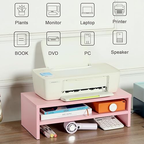Miniatura 4 de TEAMIX Soporte elevador de monitor rosa de 2 niveles, soporte de escritorio con almacenamiento para teclado, soporte de TV pequeño para laptop,