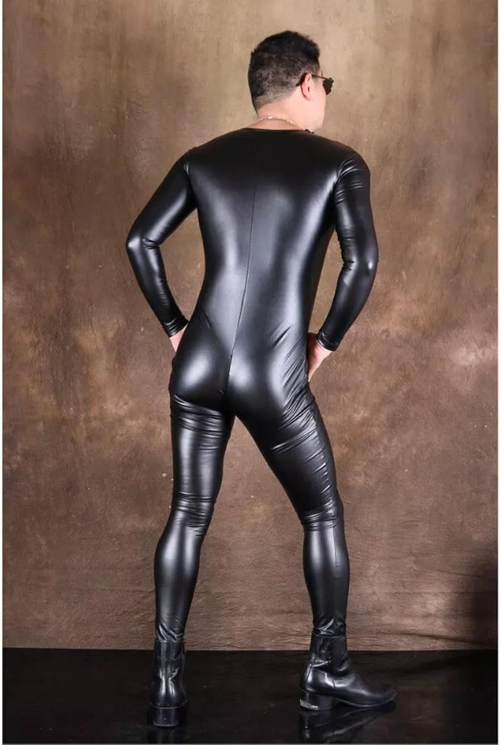 Men's Wetlook One Piece PU Leather Catsuit Shoulder with Zipper Bodysuit Long Sleeve Jumpsuit Clubwear