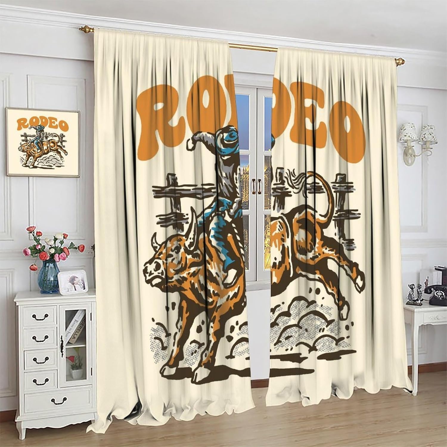 Western Cowboy Curtains Red Sun Cowboy Rodeo Pattern Blackout Print Rod Pocket Window Drapes for Bedroom Living Room 42x45in