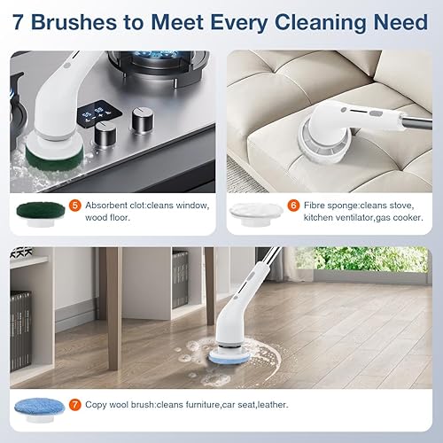 Miniatura 7 de Lefree Limpiador eléctrico giratorio, cepillo de limpieza inalámbrico con 8 cabezales de cepillo reemplazables. Cepillo de limpieza eléctrico de 2