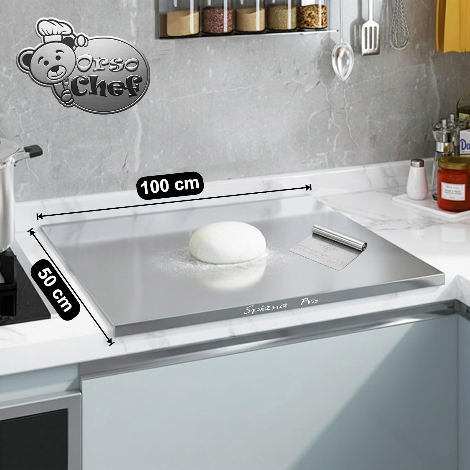 Spianatoia per impastare in Acciaio Inox 100 x 50 – Piano da Lavoro Professionale per Cucina, Pizzeria e Ristorante – Tagliere Pane, Pizza, Focaccia e Pasta – SET con tappetino antiscivolo e spatola