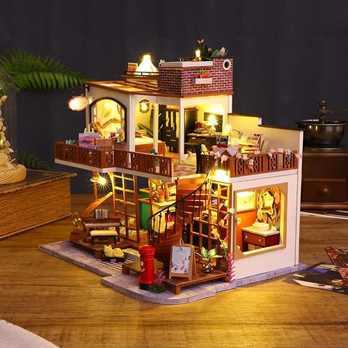 Miniatura 6 de Casa de muñecas en miniatura de estilo europeo de doble piso, muebles de madera, kit de casa de muñecas DIY con sala creativa LED, regalo para