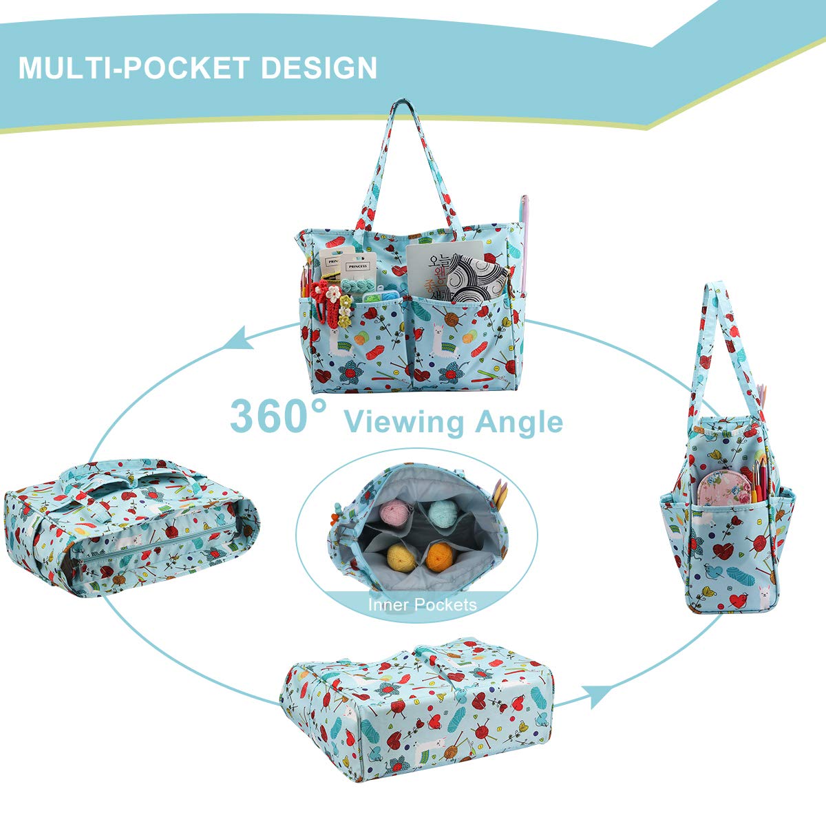 Sac Rangement Tricot LOOEN - 35.6x14x30cm - Multi-poches - Bleu - Pour Laines Et Accessoires