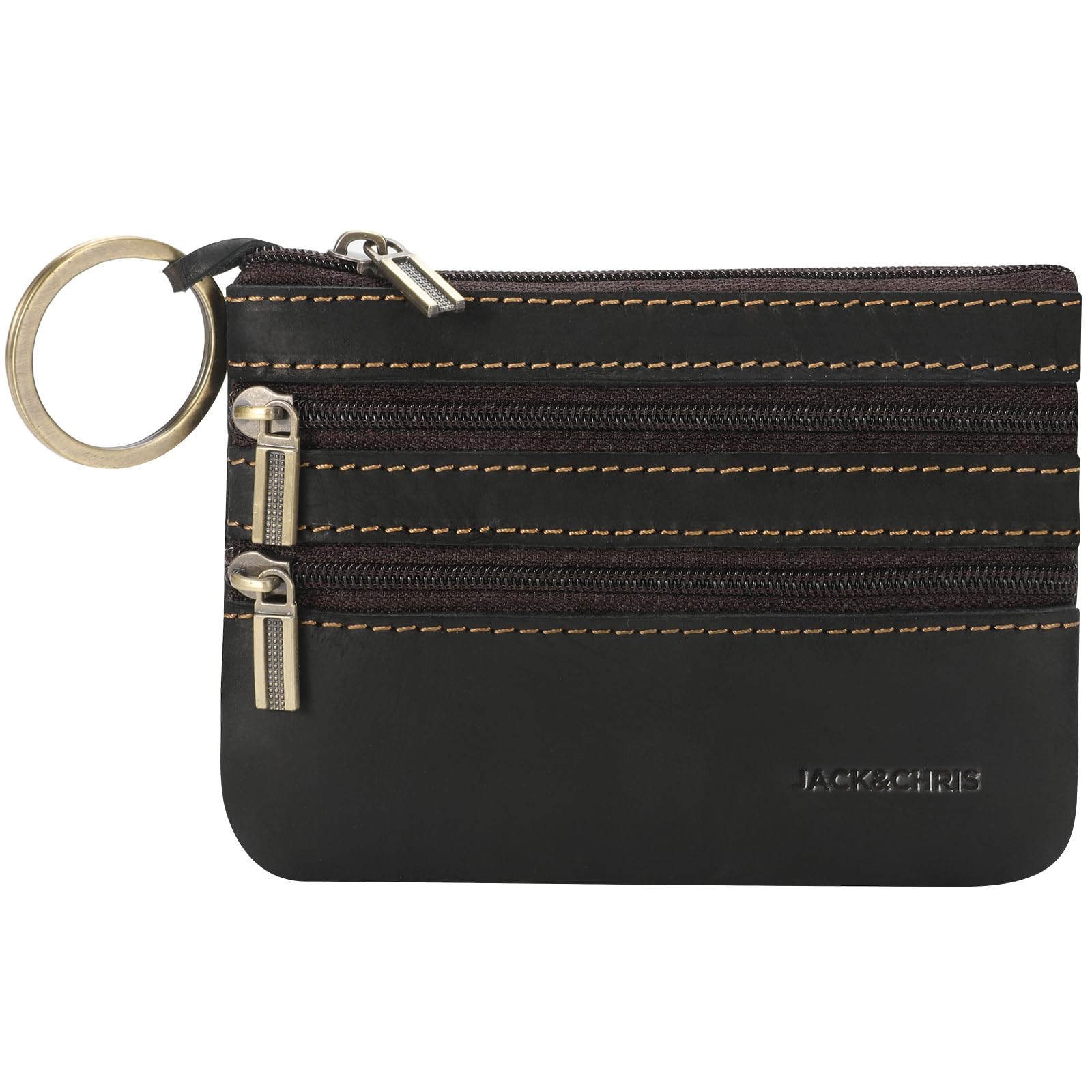 Jack&amp;Chris Coin Purse Pouch for Men, Genuine Leather Coin Purse Zipper Pocket with Keychain Ring, Coin Bag for Men,JC301-Black