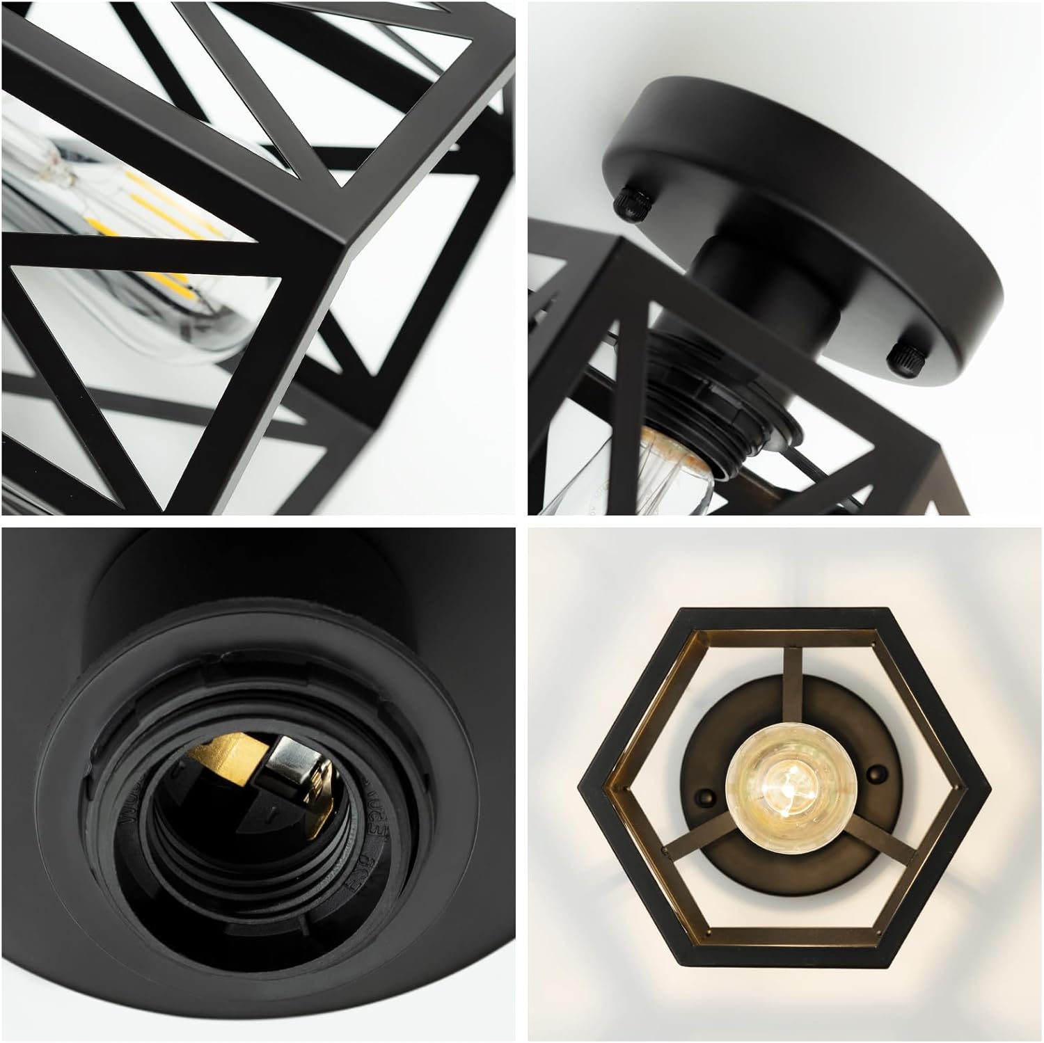 Modern Semi Flush Mount Ceiling Light,1-Light Hexagon Flush Mount Ceiling Lights for Dining Room Light Fixture,Farmhouse Black Metal Kitchen Island Lighting Fixtures for Hallway,Bathroom