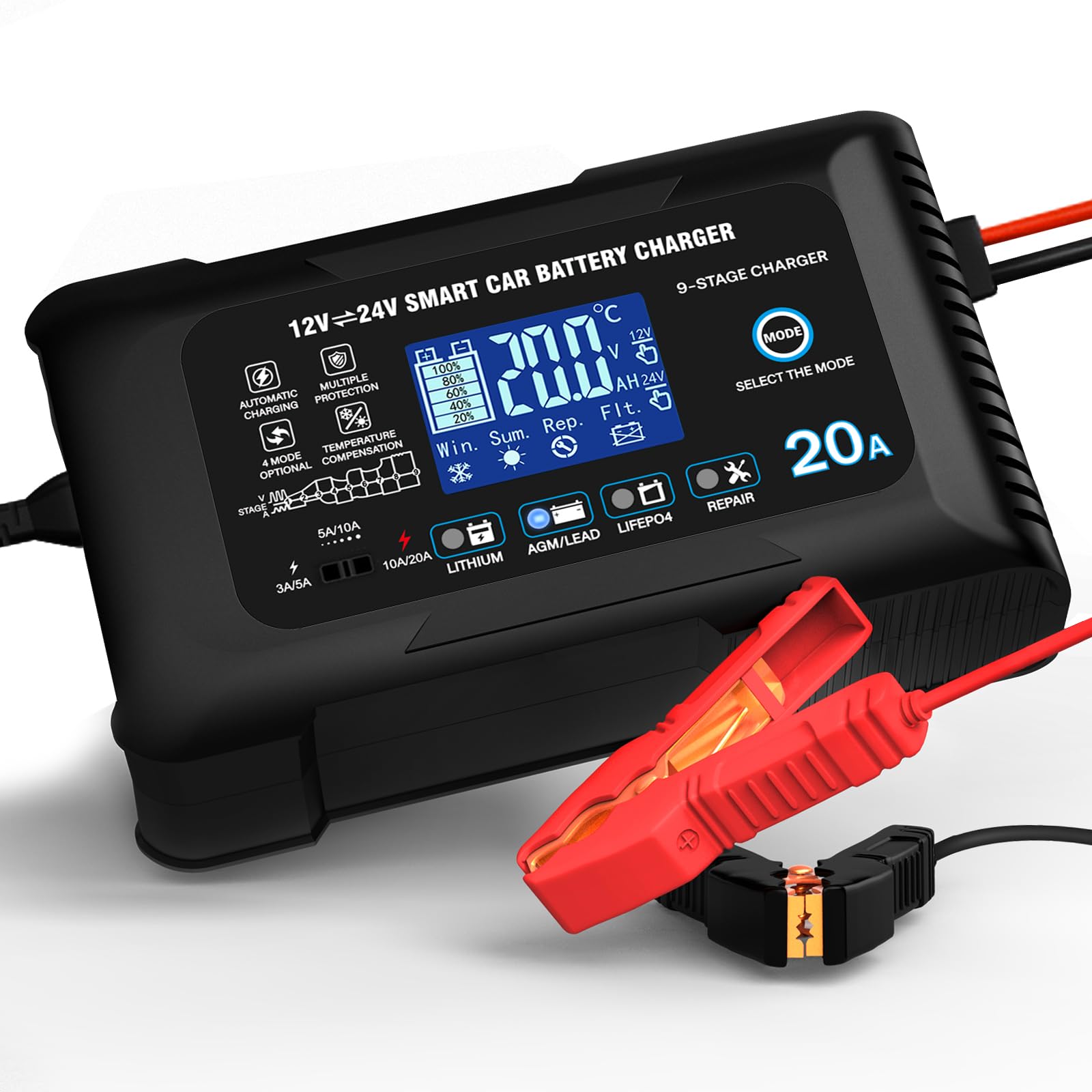 Haisito Caricabatteria per auto da 20 A, 12 V 24 V 20 A, caricabatterie di mantenimento e dispositivo di desolforazione, adatto per litio, LiFePO4, piombo acido (AGM, gel, ecc.) moto, auto, barche