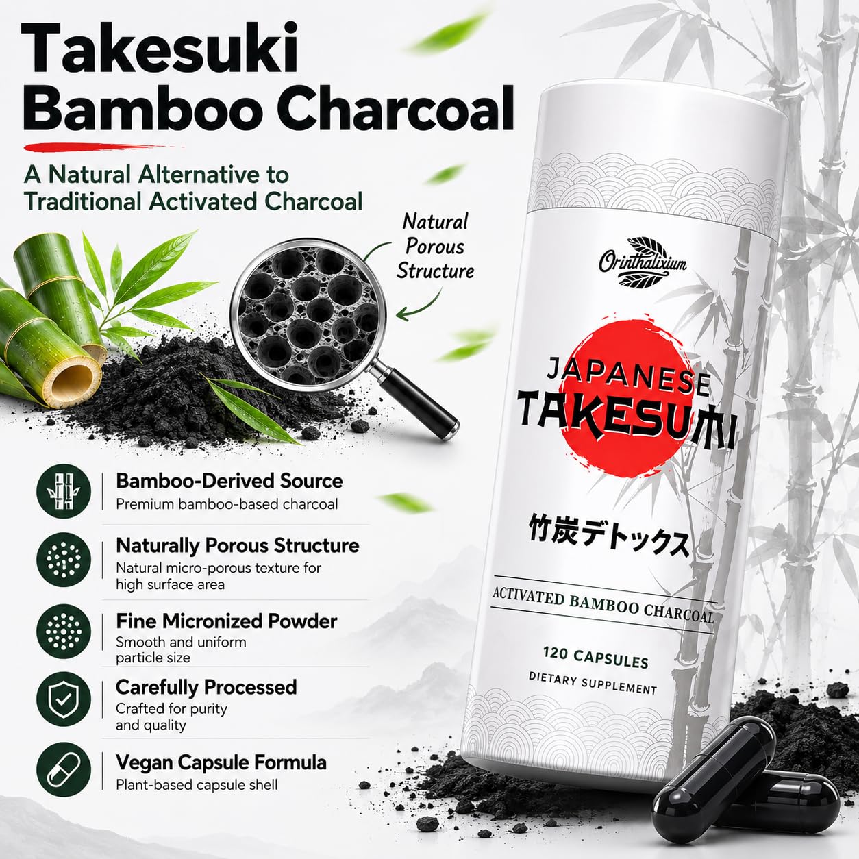 Orinthalixium Activated Charcoal Capsules 2000mg from Bamboo – Premium Japanese Takesumi Activated Bamboo Charcoal for Digestive, Gut & Detox, Highly Porous Formula, 120 Vegan Capsules — Amazon image 2