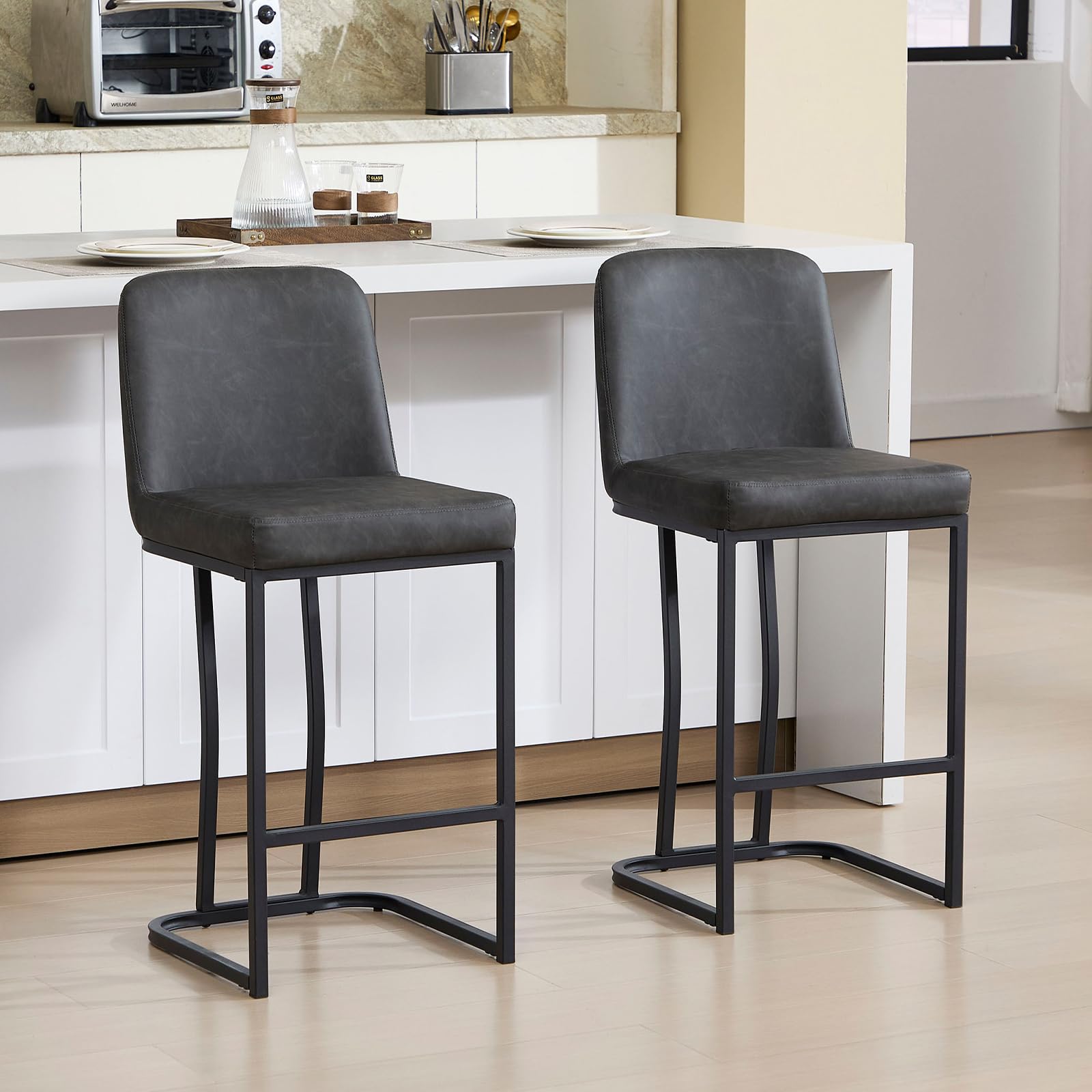 Chummaven Leather Bar Stools Set of 2 Counter Chairs with Metal Base, Grey