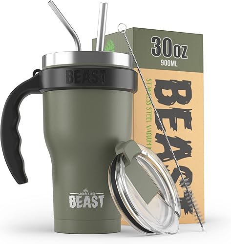 BEAST - Juego de vaso verde militar de 30 onzas con asa, taza de café de acero inoxidable + 2 cepillos para pajillas, caja de regalo y mango negro