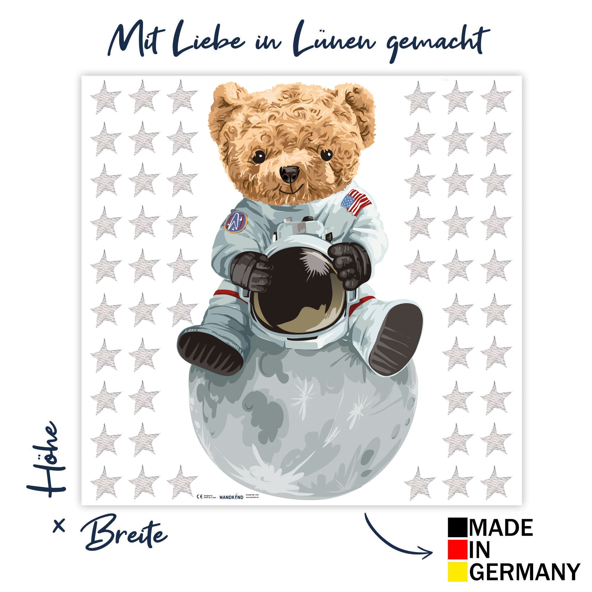 WANDKIND Astronaut Bär Wandtattoo V326 | handgezeichnet | AUFKLEBER Kindergarten | Wandsticker Kinderzimmer Deko Teddybär auf dem Mond Teddy (120 x 120 cm)