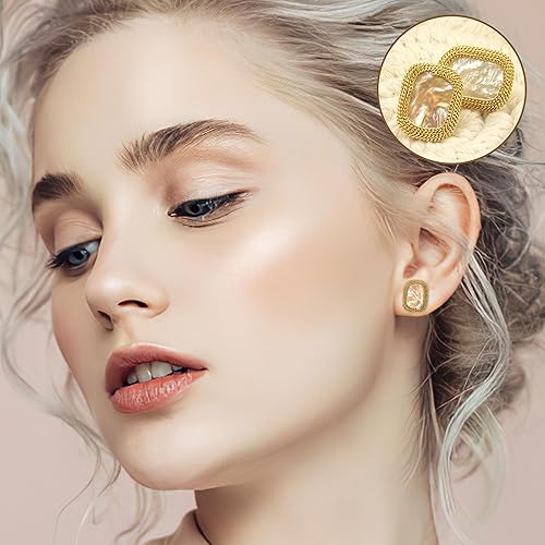 Miniatura 4 de ELEXIS 18k Gold Big Square Baroque Pearl stud Earrings For Women Handmade Trendy Comfy Real Freshwater Pearls Aesthetic Earrings Engaged Wedding