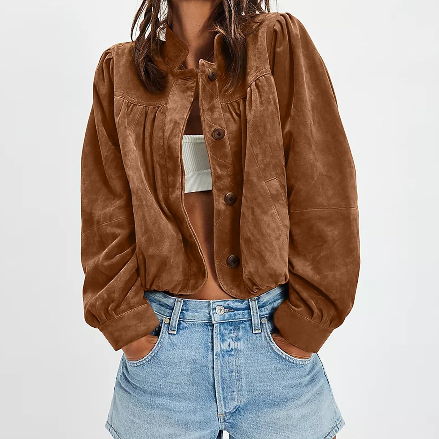 Womens Cropped Faux Suede Jacket Puffed Long Sleeve Stand Collar Button Down Pilot Jackets Coat - Image 2