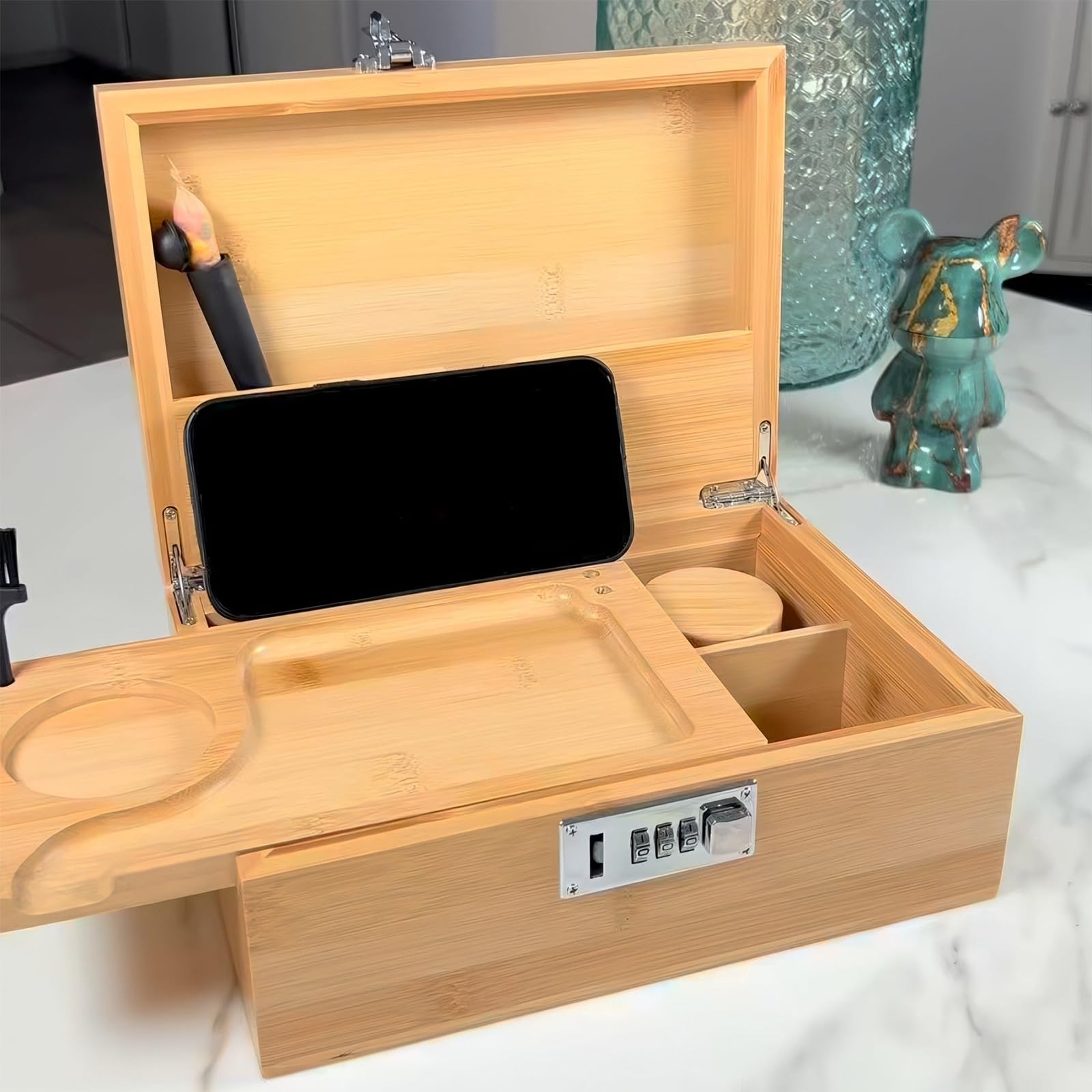 Nooksee Box Rouler en Bambou avec Serrure à Code et 3 Bocaux Anti-Odeur