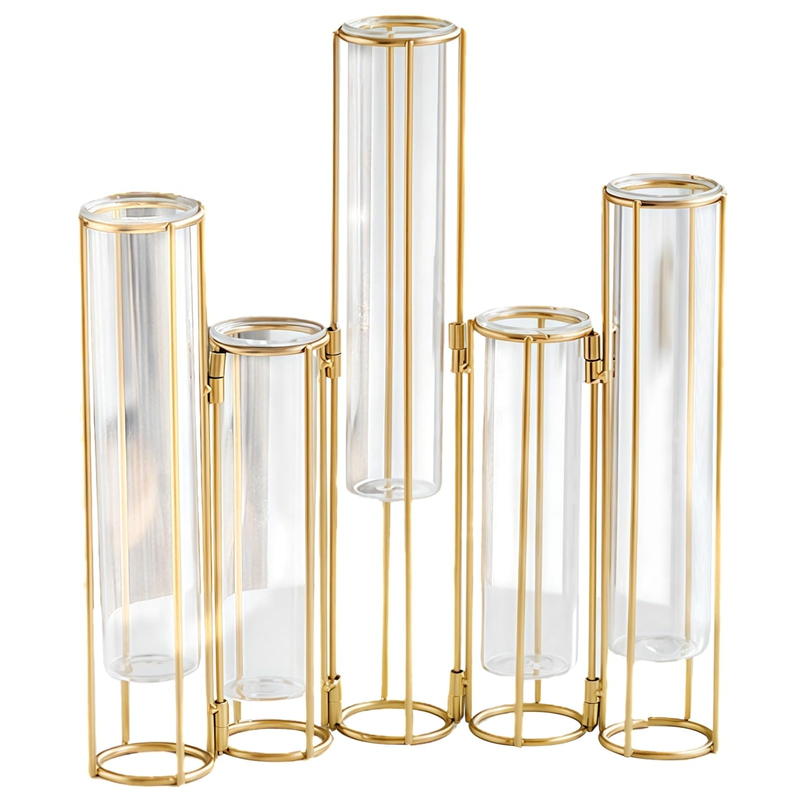 Vase tube à essai pour fleurs, vase de propagation en verre à 5 positions à suspendre avec cadre en fer pliable, métal doré, style européen moderne, idéal pour la décoration de la maison et du balcon