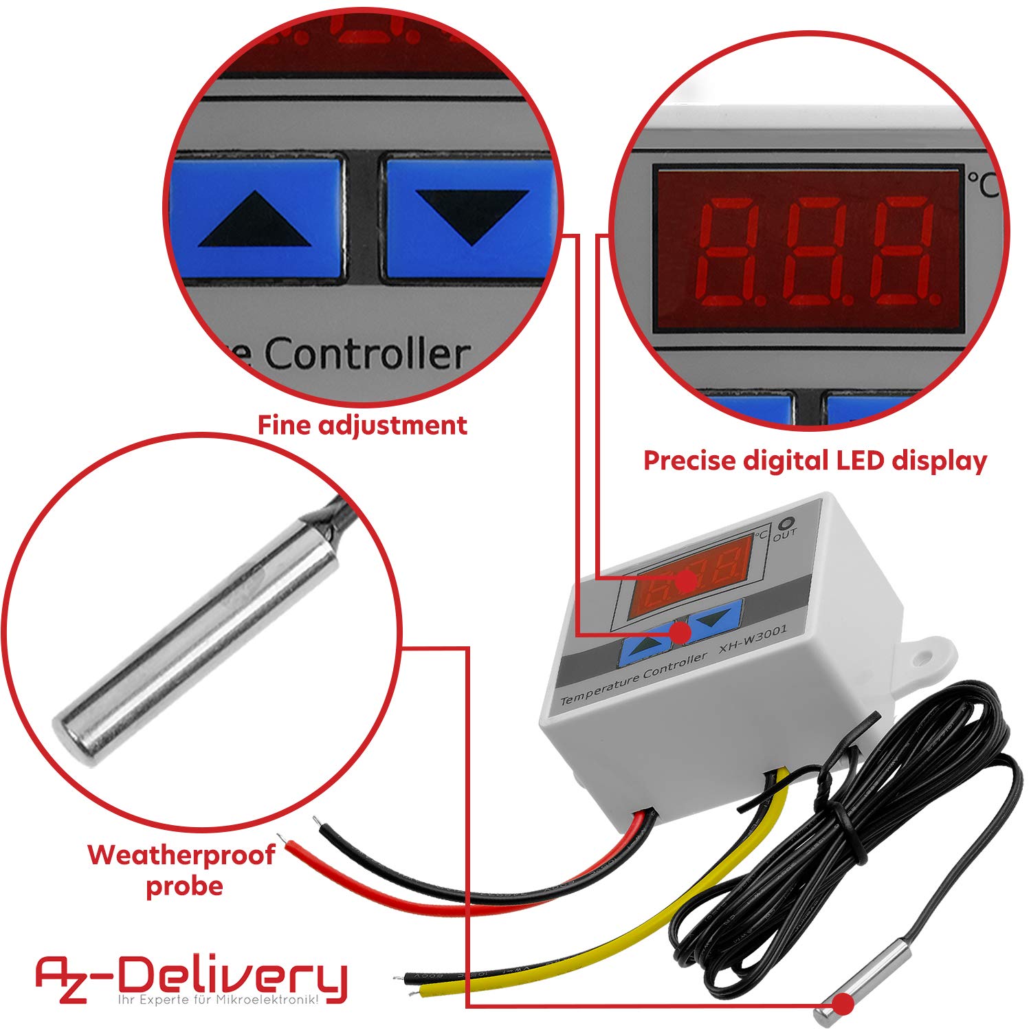 Termostato Digitale XH-W3001 12V 10A Con Sonda Impermeabile - Modulo Regolatore Di Temperatura Per Raffreddamento Riscaldamento, Incubatrici