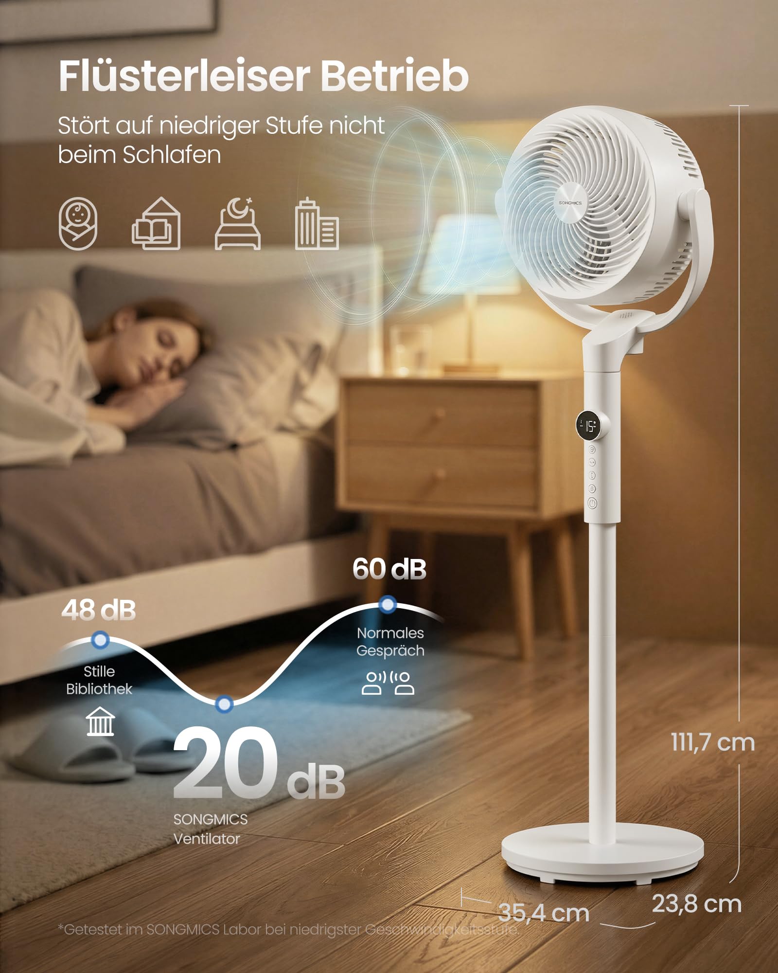 SONGMICS Standventilator, Ventilator leise 20 dB mit Fernbedienung, Luftzirkulator 120° und 135° Oszillation, 15 Geschwindigkeiten, 15 Std. Timer, 3 Modi, höhenverstellbar, wolkenweiß XFC002W1EU