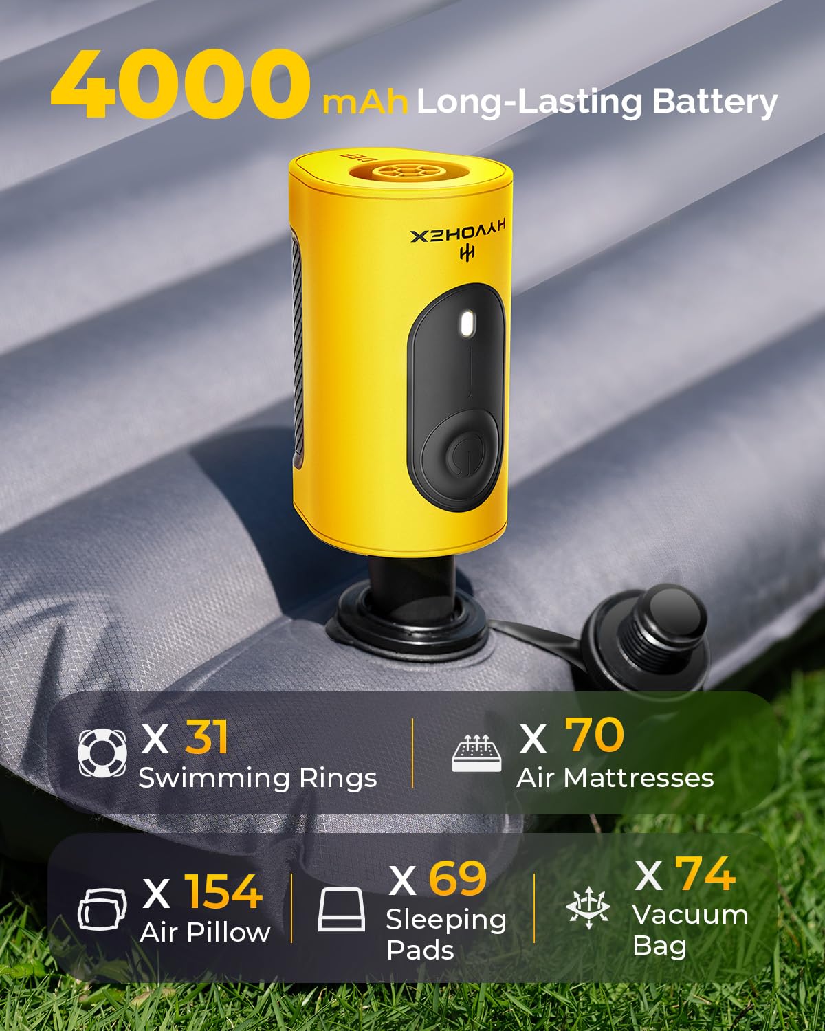 Pompa ad aria portatile per gonfiabili, pompa ad aria ultra veloce da 4000 mAh con dissipazione del calore avanzata, pompa ad aria elettrica a 3 ugelli, gonfiaggio e sgonfiaggio per materassini
