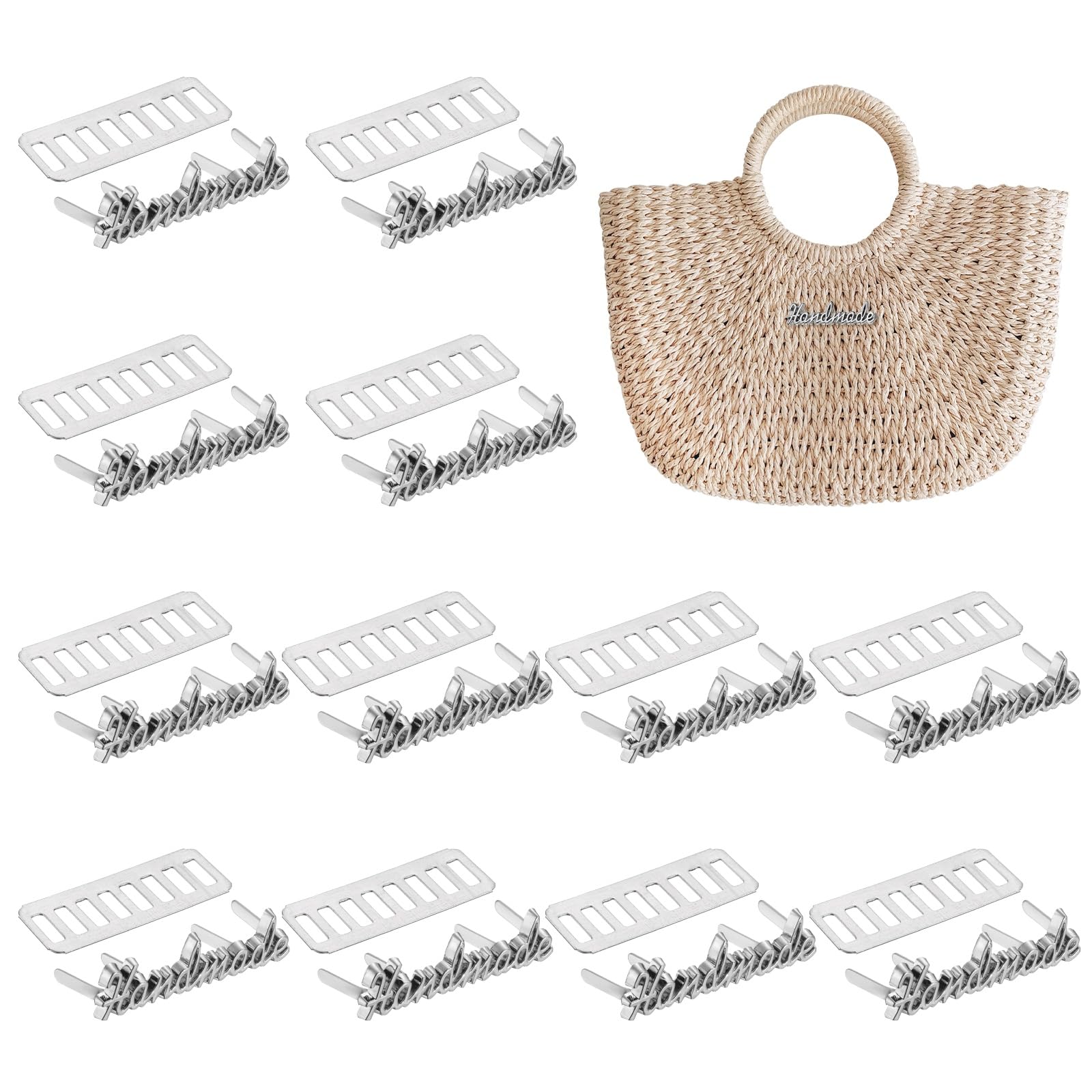 sourcing map 12PCS Handmade Metal Labels, Rectangle Crochet Tags Signs with Shim, Alloy Sewing Labels for DIY Crafts, Sewing Items, Purses, Bags, Shoes Accessories, Silver