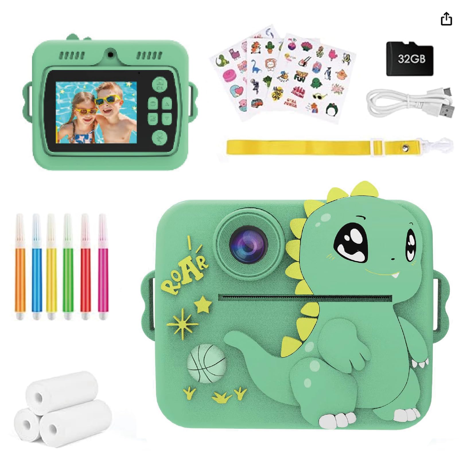 Balakaka Camara Fotos Infantil Instantanea con Filtros Creativos, HD 1080P Cámara Fotos Infantil con Tarjeta de 32G y Papel de Impresión, Regalo para Niños de 3 a 12 Años, Dinosaurio Verde