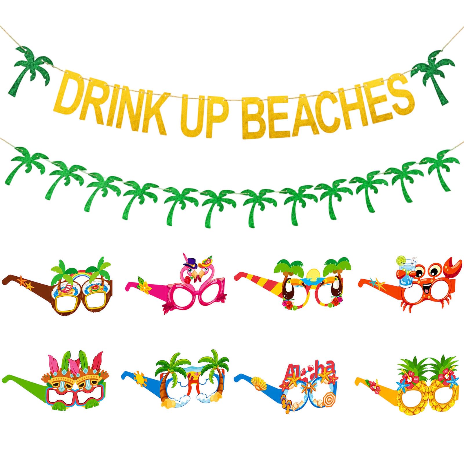 Hawaiian Party Decorations, Beach Party Decorations, Tropical Party Decorations Set with Two Banner and Eight Glasses for Summer Gatherings, Pool Parties, and Tropical Themed Events