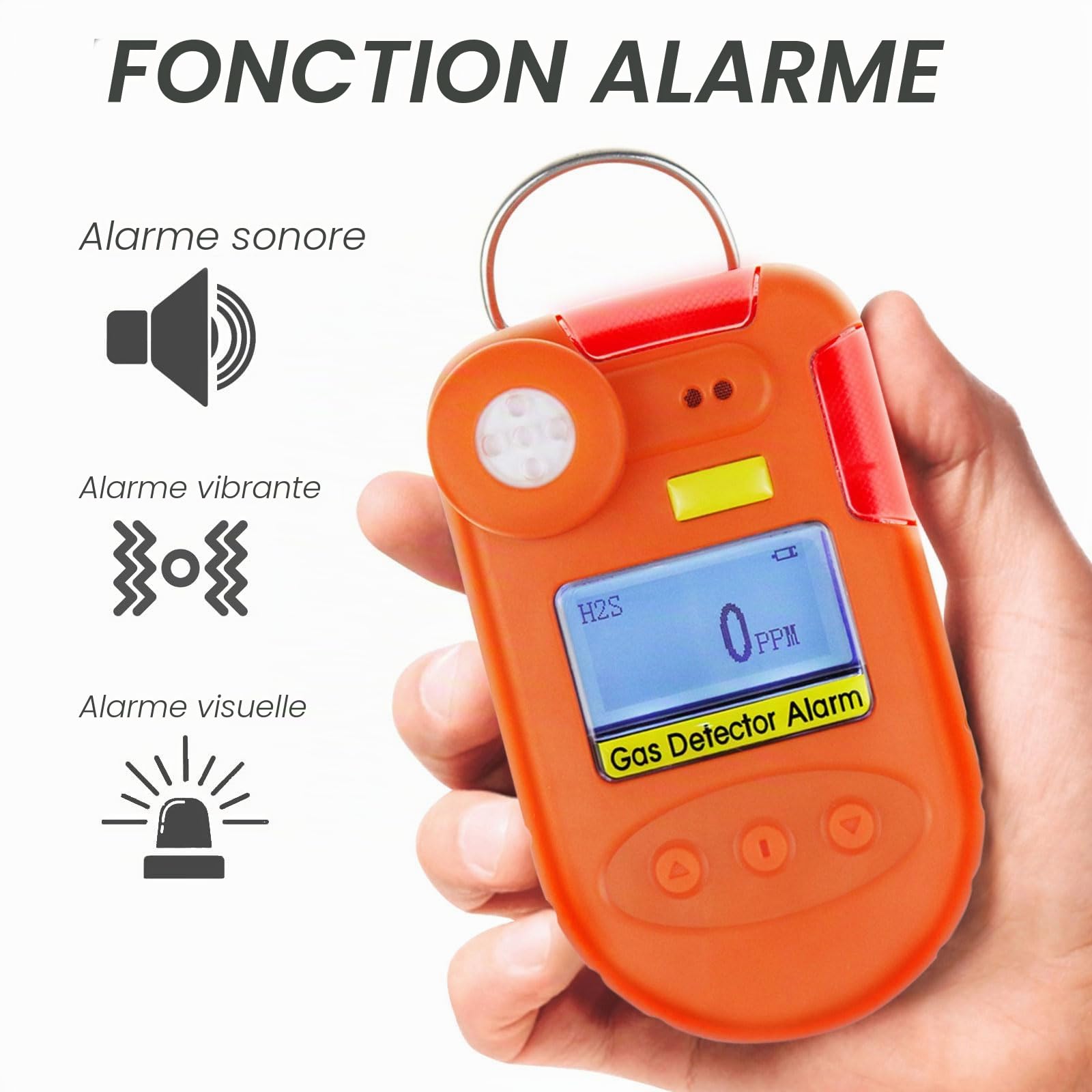 H2S - Détecteur de gaz numérique H2S à clipser - 0 ~ 100 ppm - Détecteur de sulfure d'hydrogène avec vibration, sonnerie et alarme visuelle, affichage en temps réel et date et fonction
