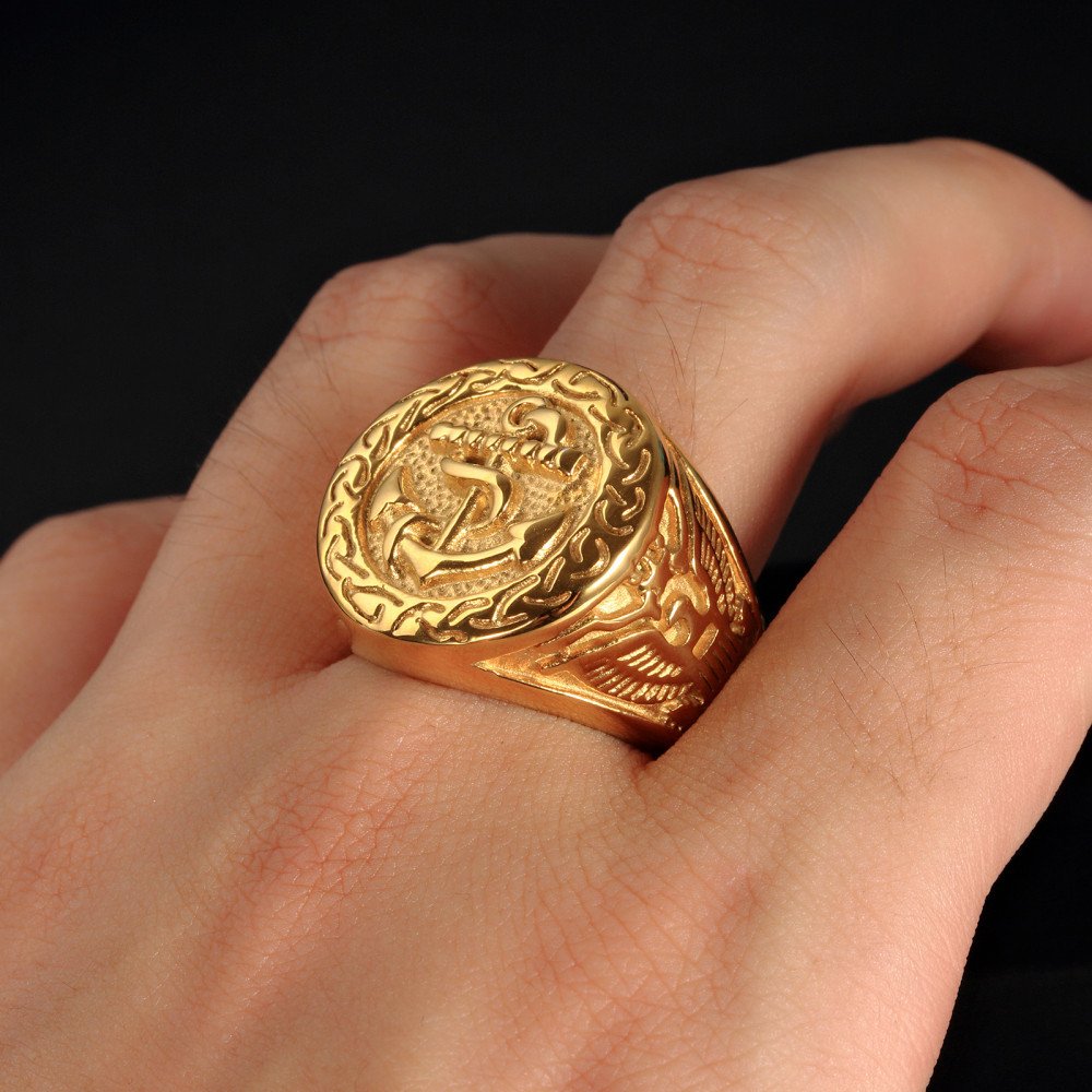 MęSki Sygnet Z Kotwicą, Gotycki Vintage żEglarski Orzeł Ze Stali Nierdzewnej,Gold,11
