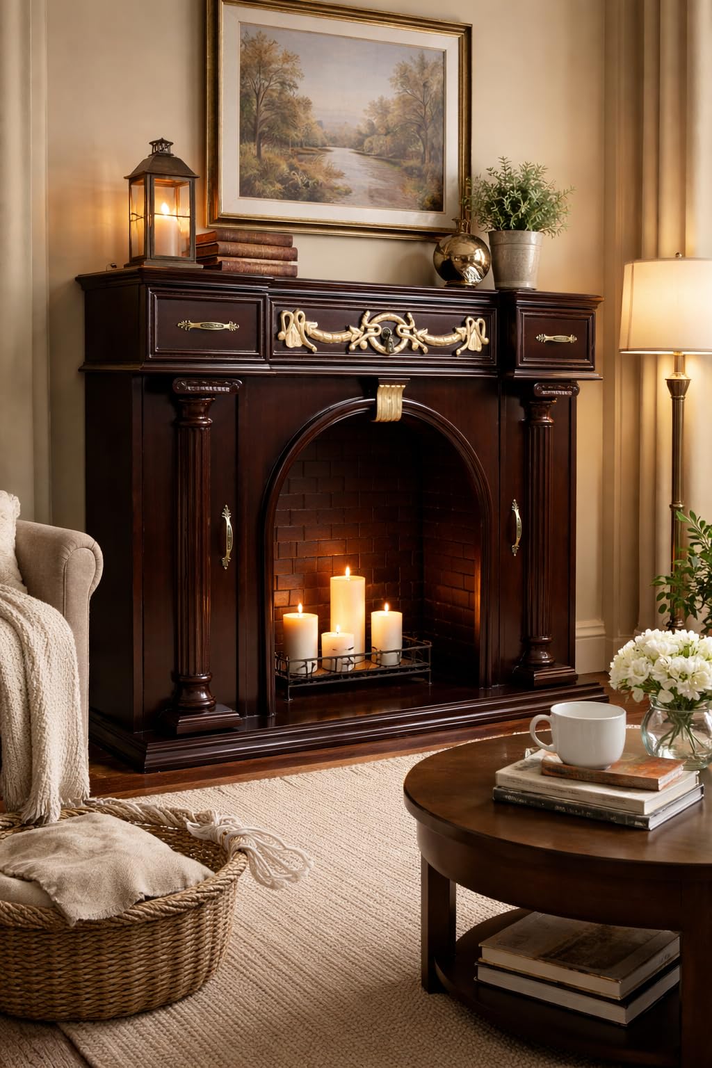Antique-Style Walnut Wooden Fireplace, Premium Vintage Look, 3 Drawers, 2 Doors, Gloss Finish, Beautiful Artistic Piece,Anyone Seeking to add a Touch of Luxury to Their Home-picture-22
