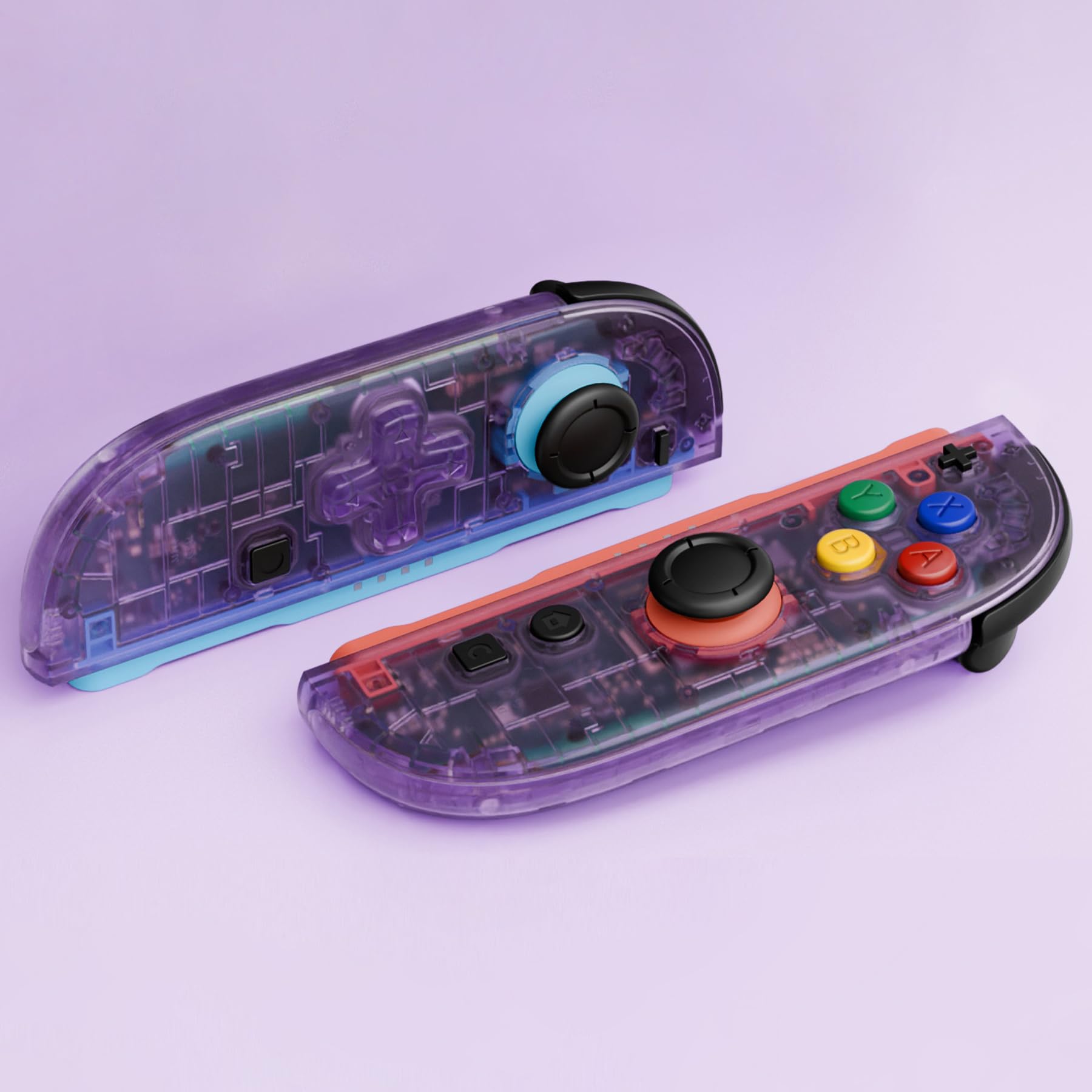 eXtremeRate Ersatz D-Pad Ver. Gehäuse Set für Switch 2 Joycon, Essence Version Custom Grips Shell/Deko Streifen/ABXY/Dpad Buttons Zubehör für Nintendo Switch 2 Joy Con-Transparent Lila