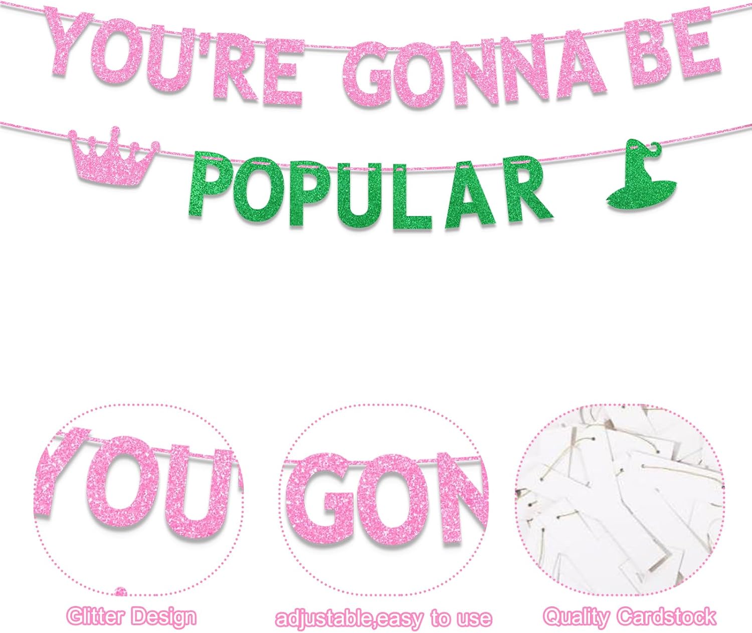 Wicked Birthday Party Decorations, You're Gonna Be Popular Banner, Glitter Pink & Green Witches Birthday Banner, Girls Good Witch Bad Witch Bachelorette Party Decor, Funny Magical Party Supplies image 3