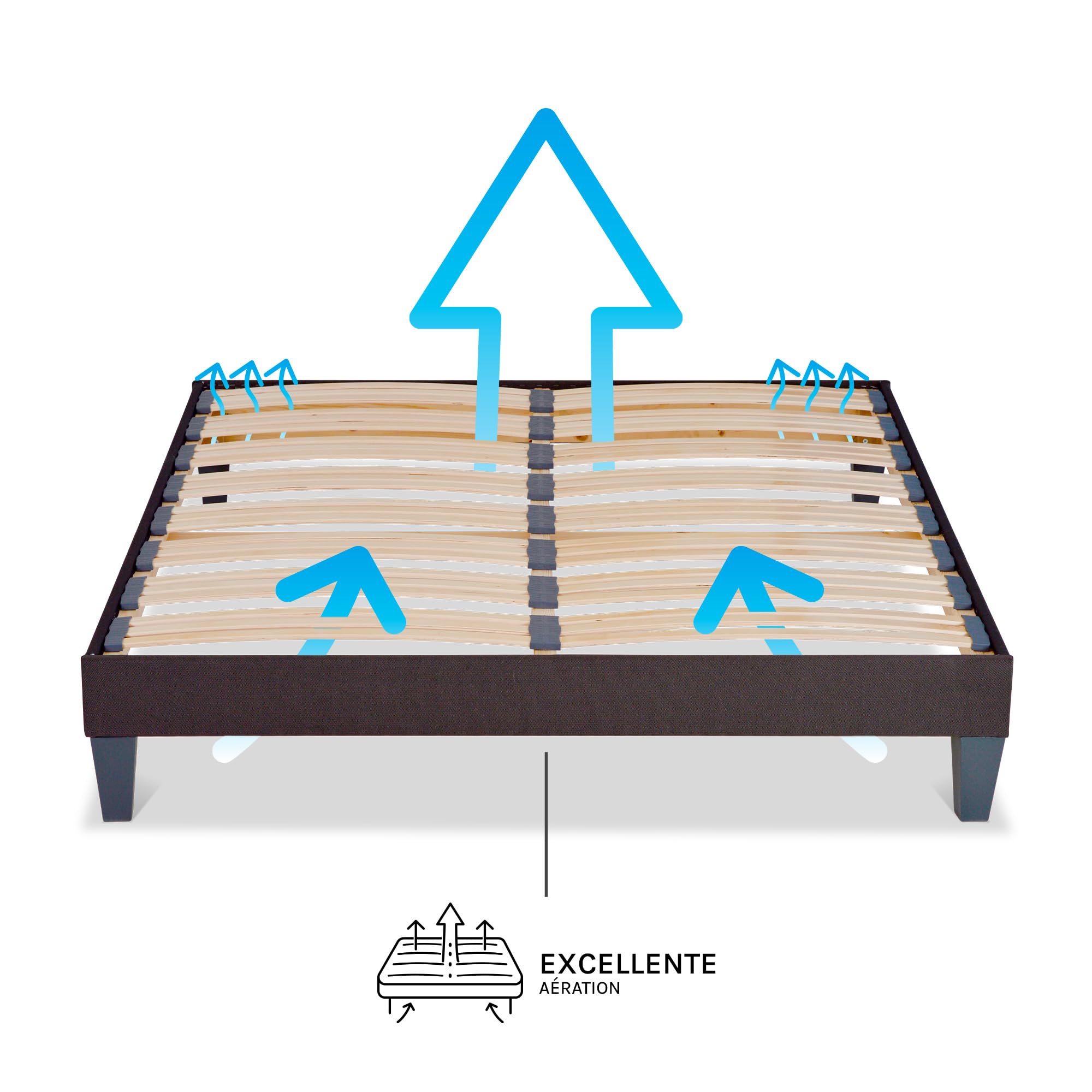 Olympe Literie | Sommier à Lattes en Bois 200x200 cm avec Pieds – Cadre de Lit Robuste et Stable – Hauteur 30 cm – Facile à Monter – Gris Anthracite